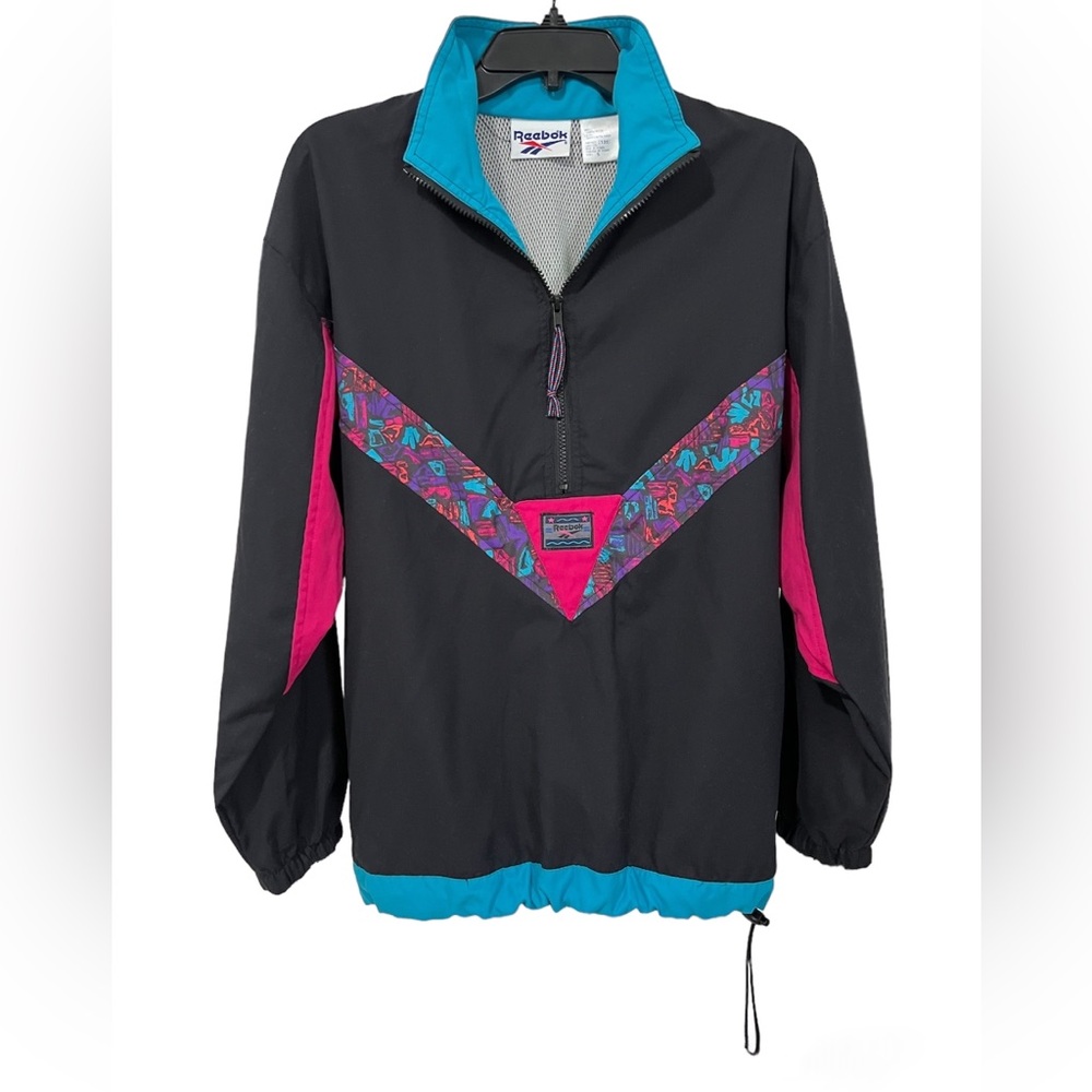 Men’s 80’s Reebok 3/4 Zip Pullover Windbreaker Jacket - Black/Neon (Size S)